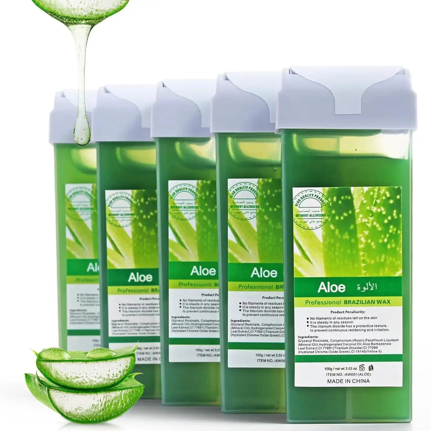 Simples Market Aloe wax refill cartridges for depilatory roll-on wax warmers, 4-pack of green bottles