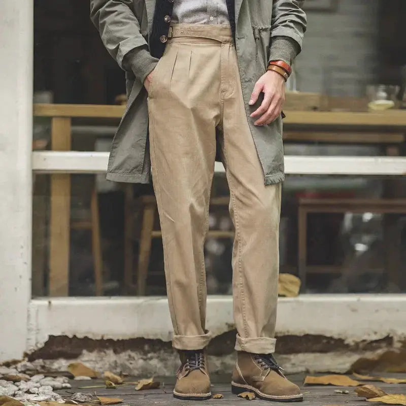 Maden Vintage Khaki Gurkha Pants; adjustable high-waist casual cargo work trousers
