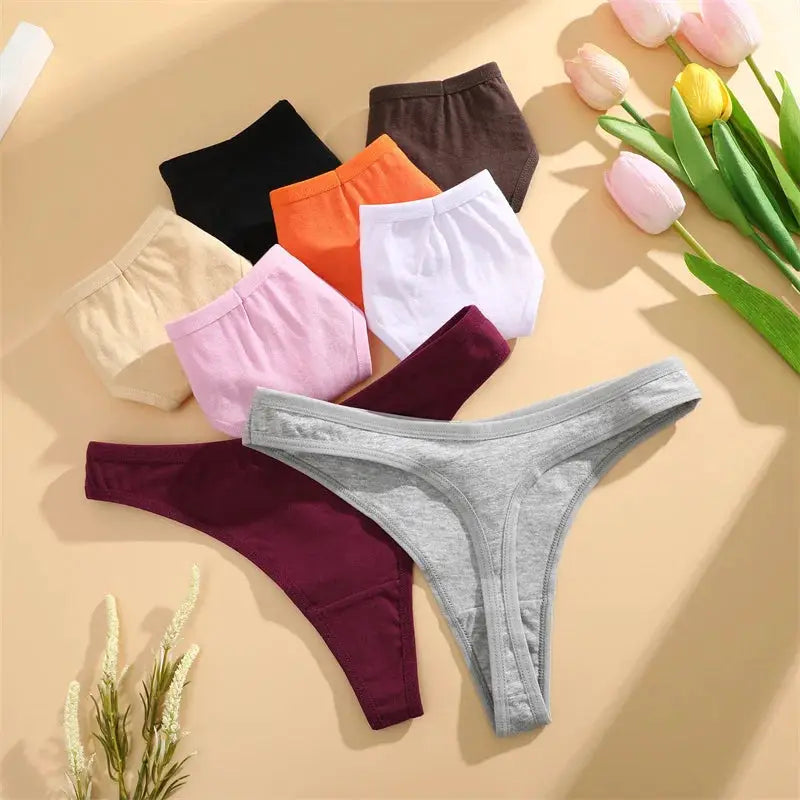 Women cotton seamless low-rise thong underwear in assorted colors with V-waist, breathable