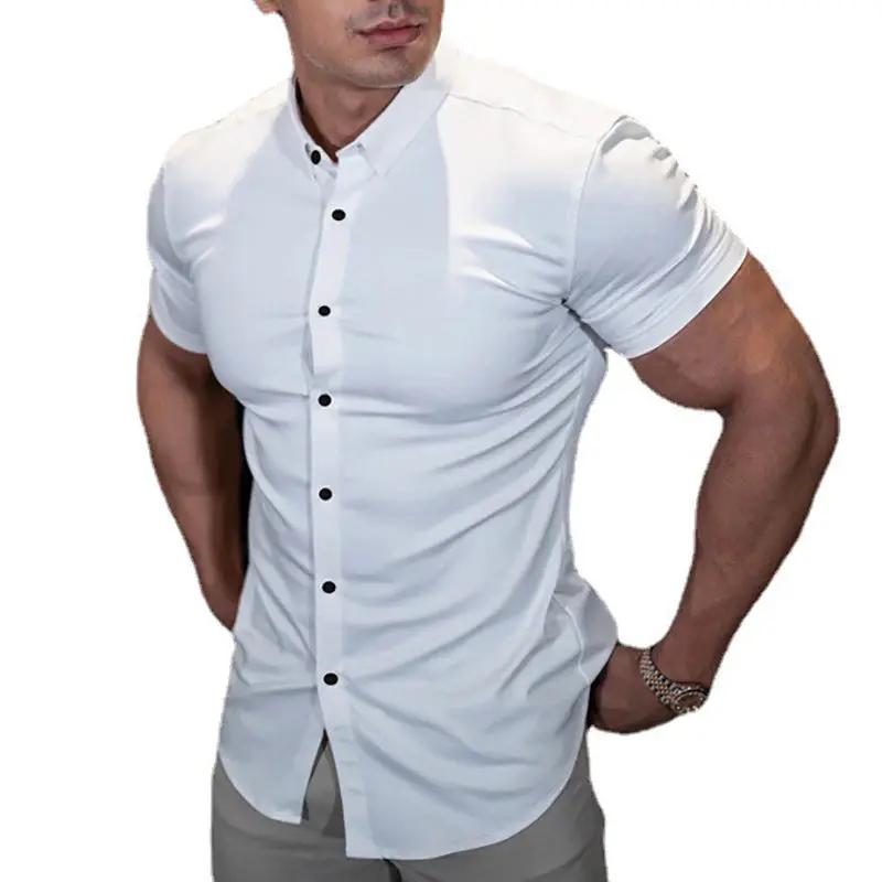 Men's slim-fit white short-sleeve dress shirt with black buttons.