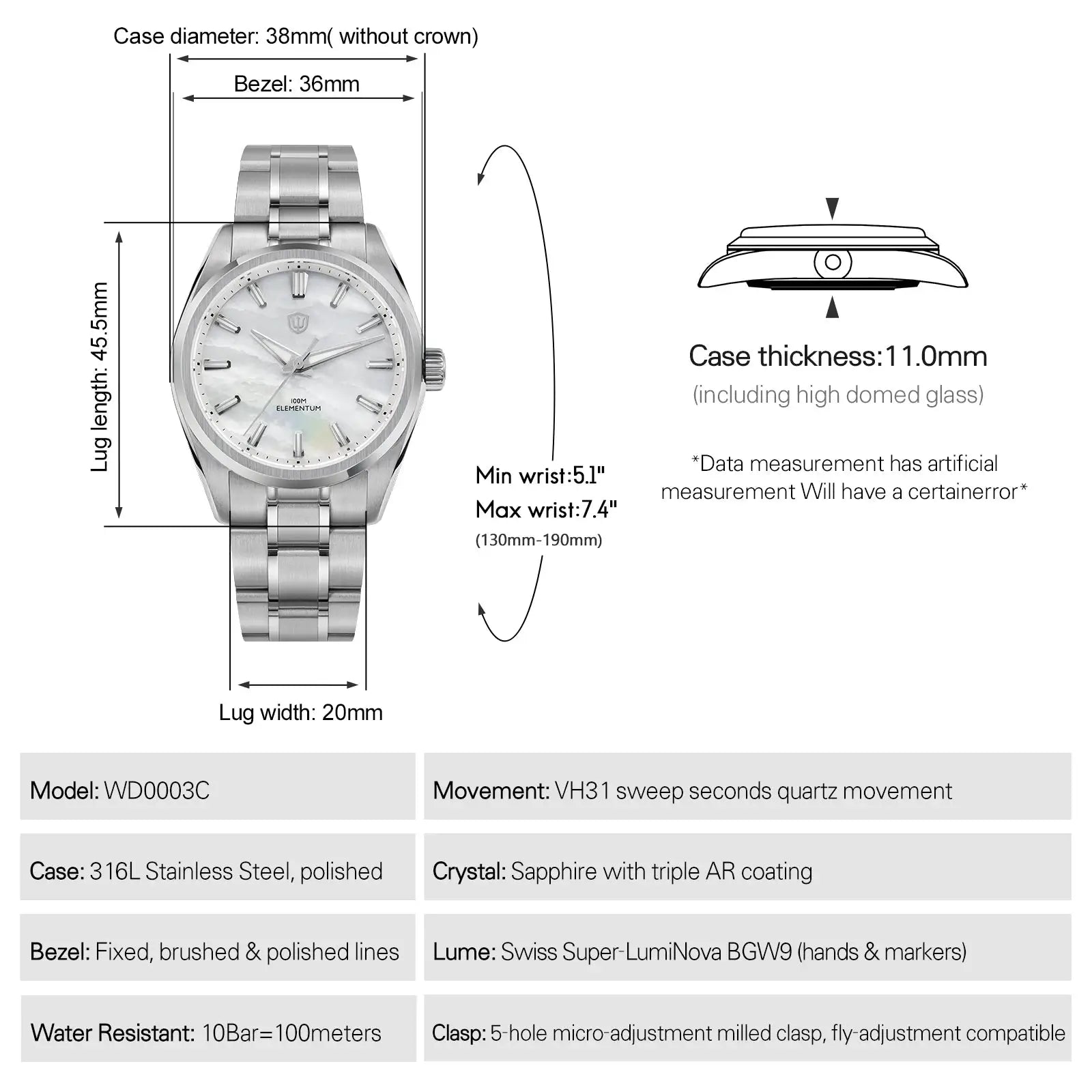 WD0003C watch; Simples Market 38mm stainless steel case, ice-crack dial, sapphire crystal, luminous hands, 100m water resistant