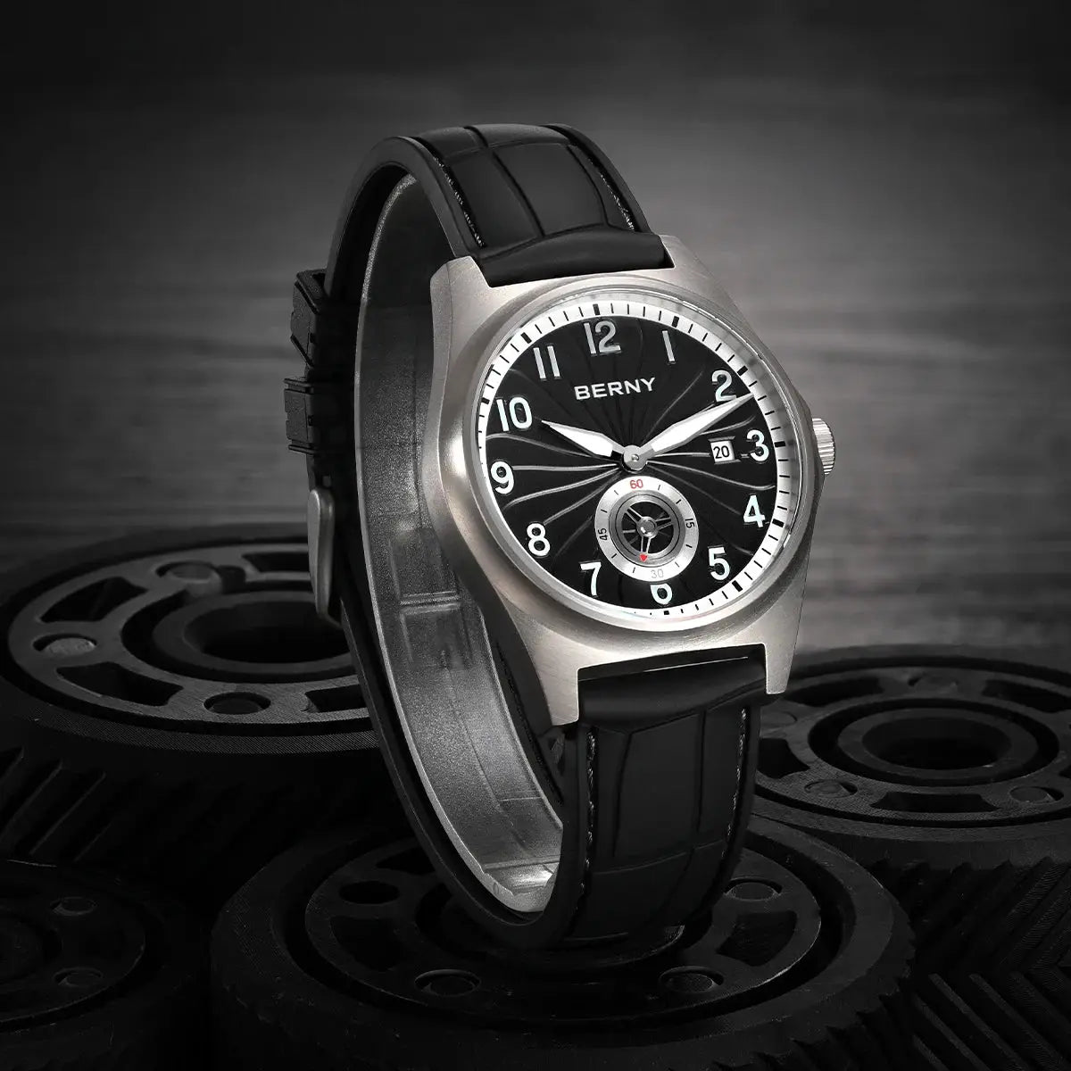 BERNY titanium automatic men's watch with sapphire crystal, black dial, 10ATM water resistance