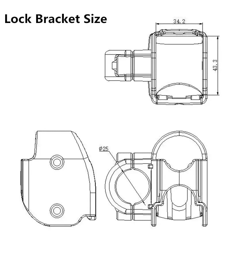 Falante motorcycle alarm disc lock and bracket blueprint in aluminium alloy, dimensioned drawing with Ø25 and 34.2/43.3.