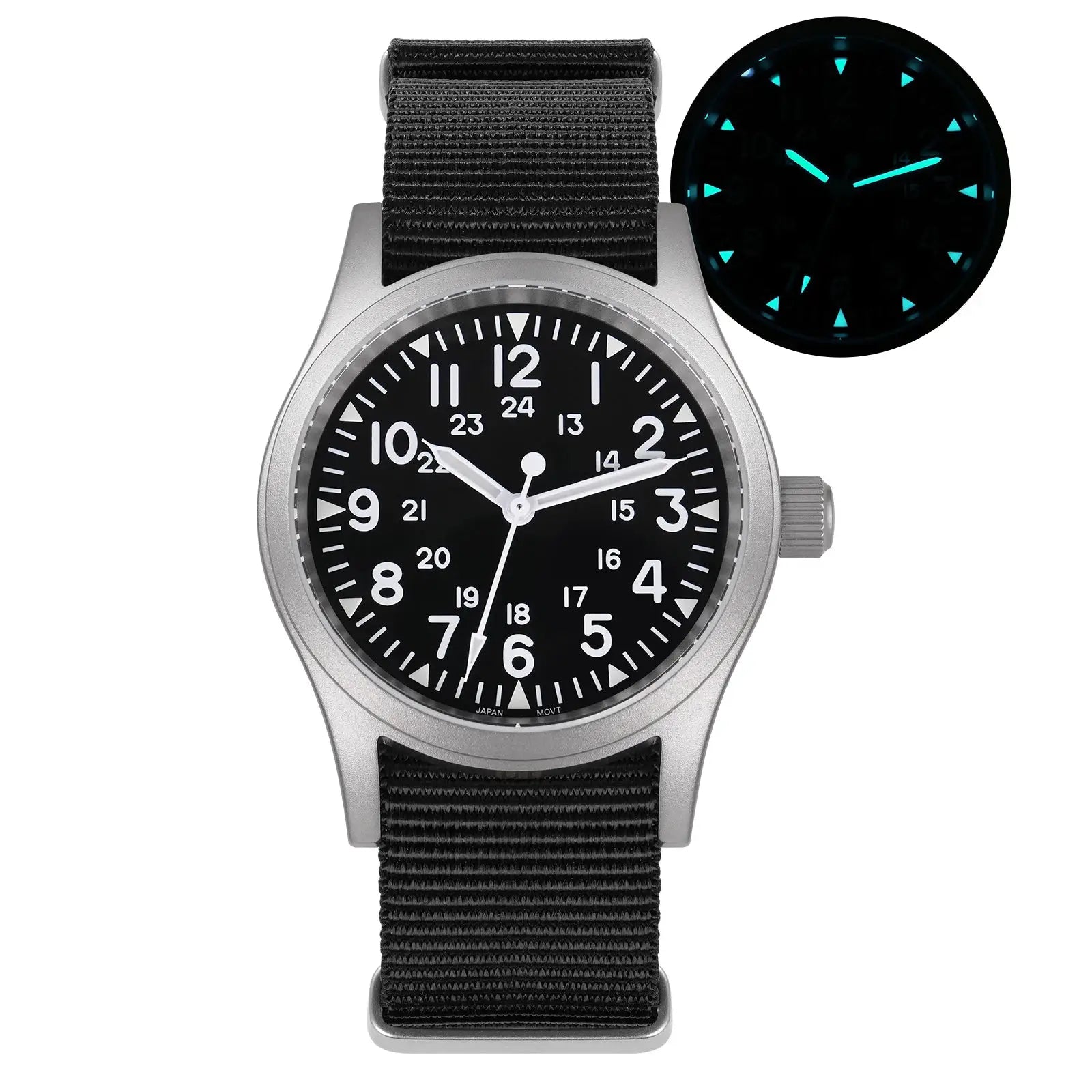 Militado ML05 vintage watch by Simples Market with black dial, silver case, luminescent hands, and black NATO strap