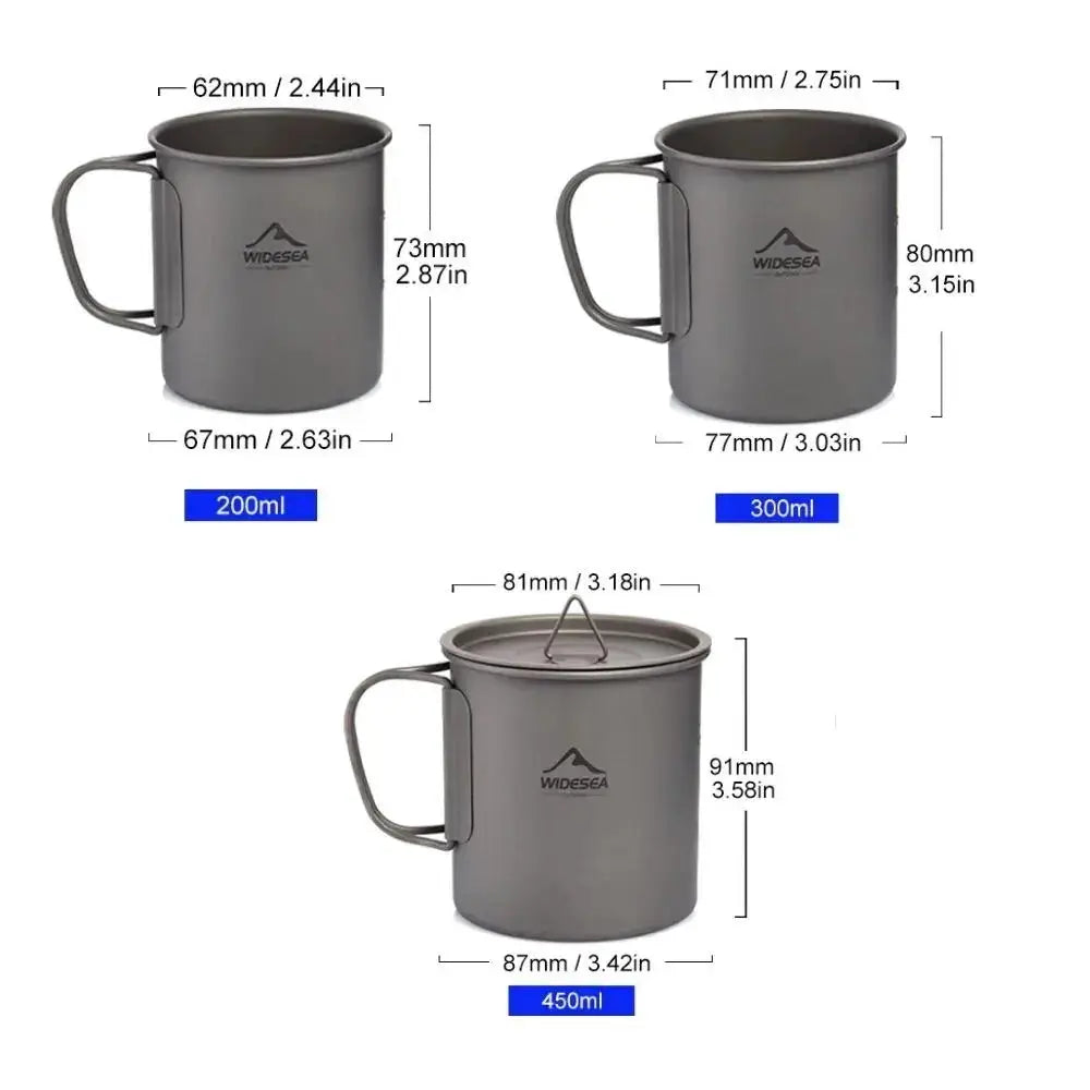 Widesea camping titanium mug set; three gray cups in 200ml, 300ml and 450ml sizes, with Widesea logo.