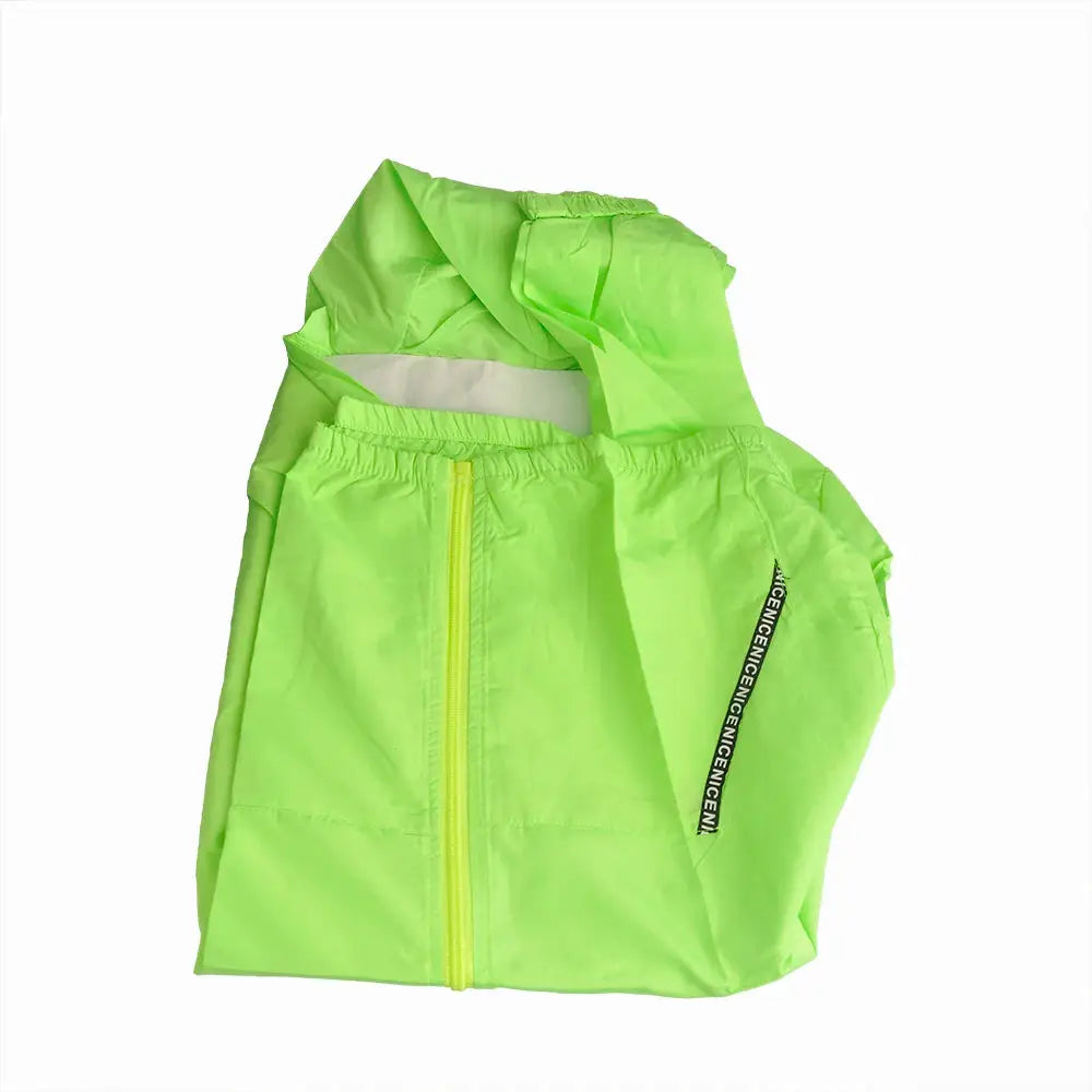 Cycling jacket in neon lime with hood, long sleeves and front yellow zipper
