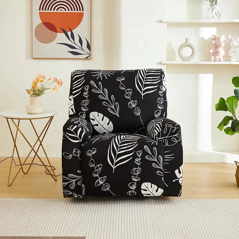 Elastic recliner sofa slipcover in black with white botanical print, Simples Market.