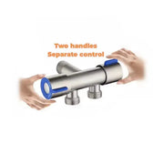 Simples Market stainless steel angle valve with 1 inlet and 2 blue-handled outlets, dual control.
