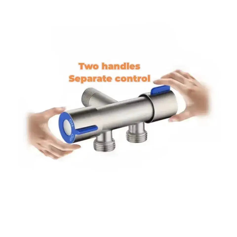 Simples Market stainless steel angle valve with 1 inlet and 2 blue-handled outlets, dual control.