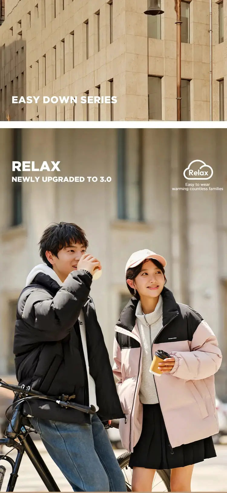 Pair of Semir down jackets for men and women, black and pink color-block, windproof waterproof puffer coats