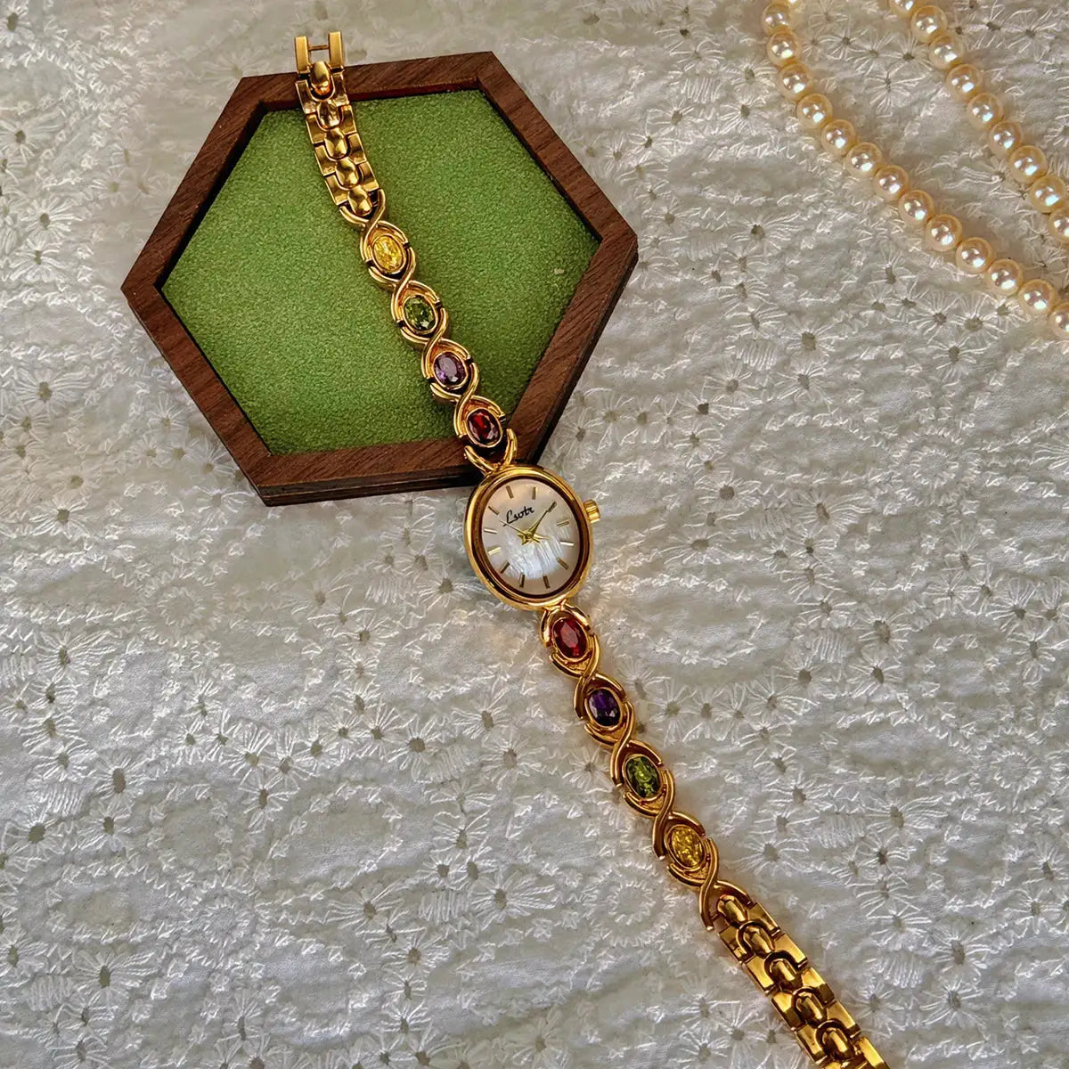 Simples Market 1pc luxury women's watch with rainbow tourmaline and diamond accents, gold bracelet, mother-of-pearl dial