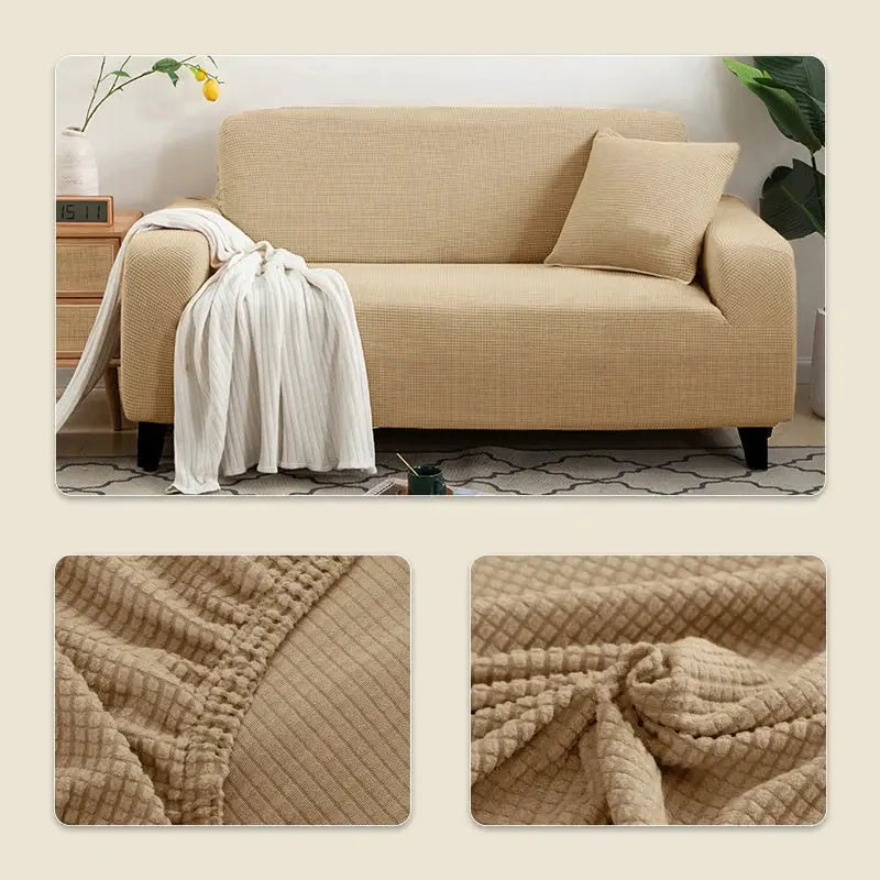 Elastic jacquard sofa cover for 1-5 seater couches in beige by Simples Market