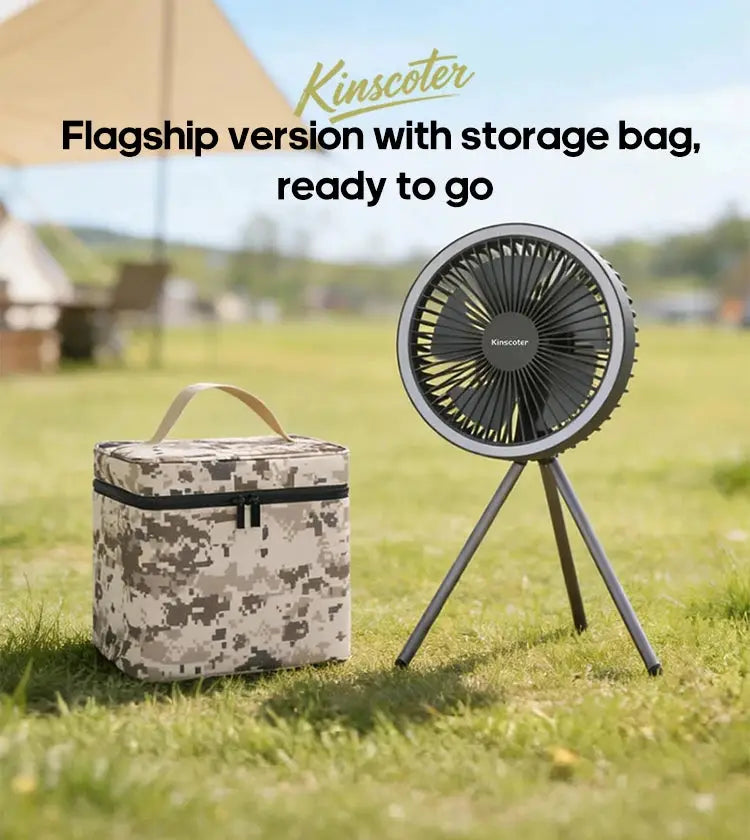 Kinscoter portable camping fan on tripod with camouflage storage bag, 2-piece set