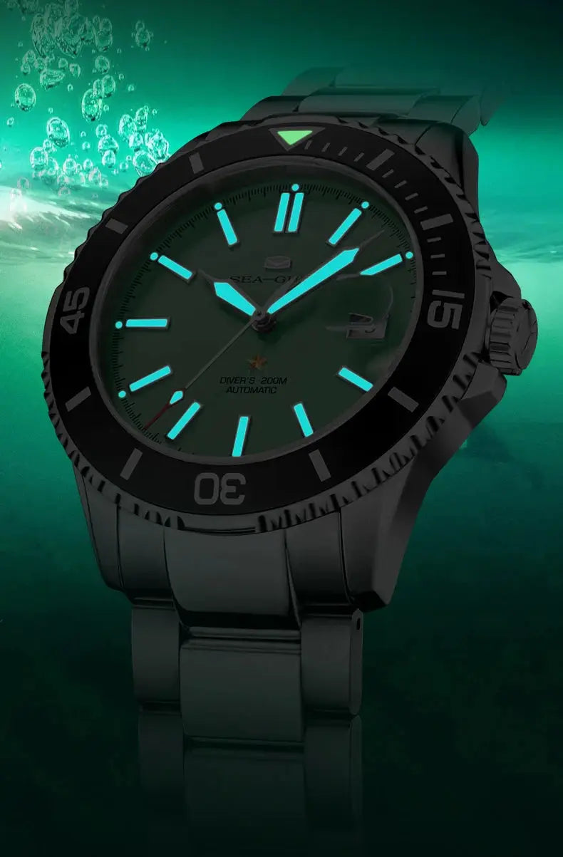 Seagull Ocean Series men’s diver’s watch, black stainless steel, luminous teal markers, 200m water resistant automatic.