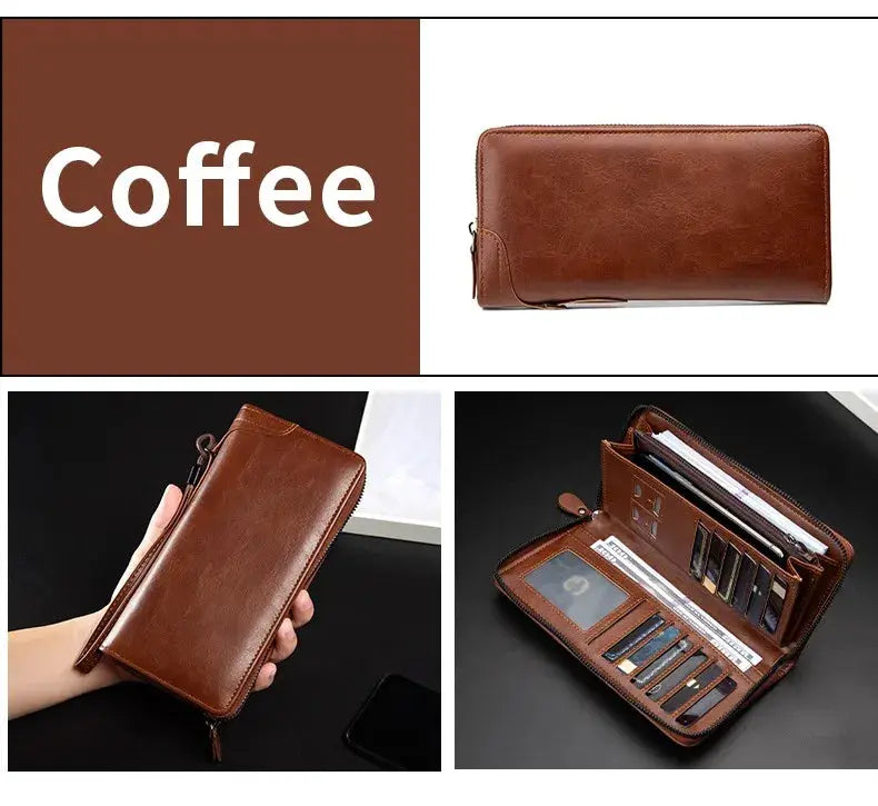 Simples Market men's long zipper wallet in brown PU leather with RFID blocking, multiple card slots and ID window