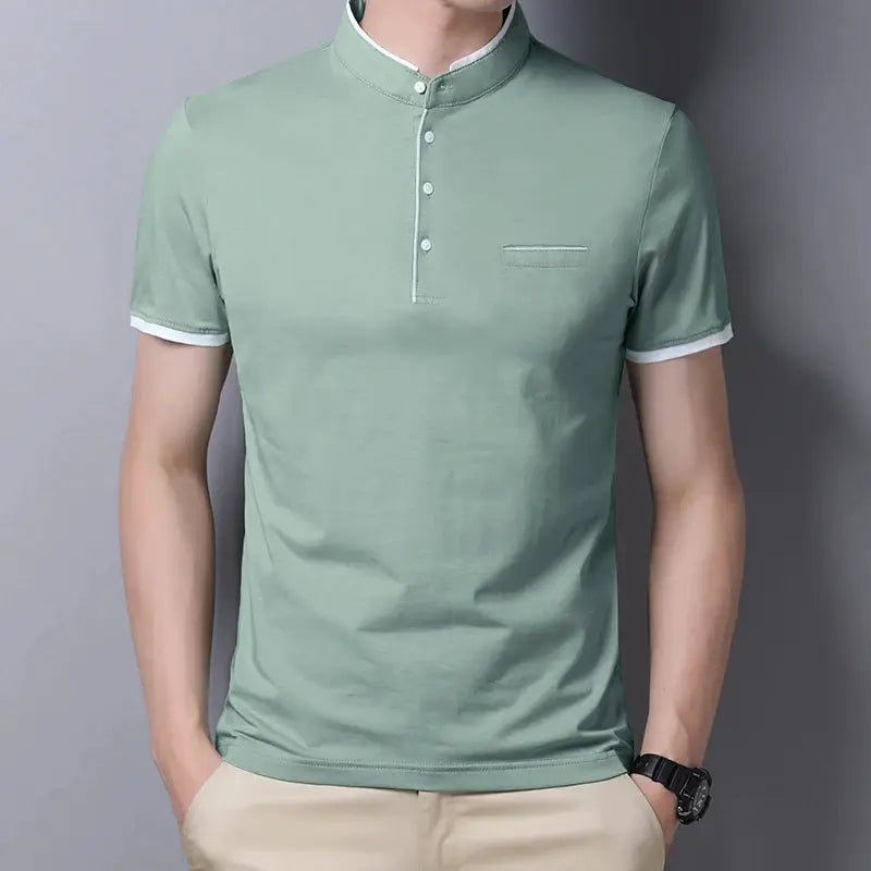 Men's short-sleeve stand-up collar polo shirt by Simples Market in light green with white trim and chest pocket
