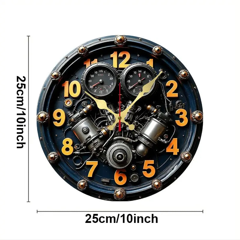 Round engine-inspired wall clock with exposed gears and orange numerals, 25 cm diameter.