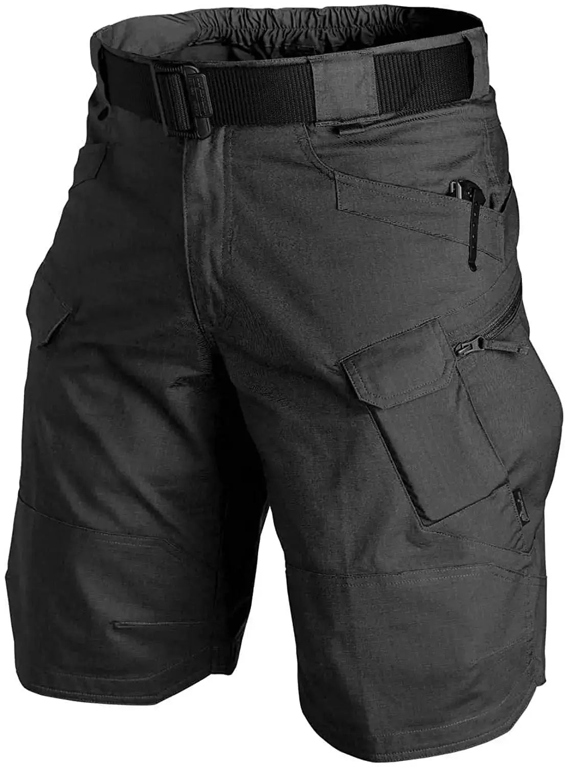 Simples Market men's black tactical cargo shorts with belt and zippered pockets