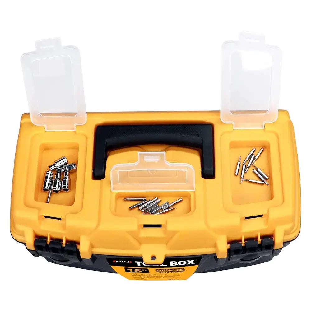 Airaj 15/12-inch yellow plastic hardware tool box with clear lids and carrying handle.
