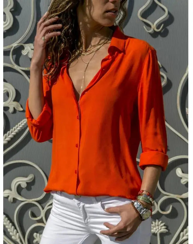 Autumn shirt orange polo-collar blouse with rolled sleeves, loose button-up top by Simples Market for office wear