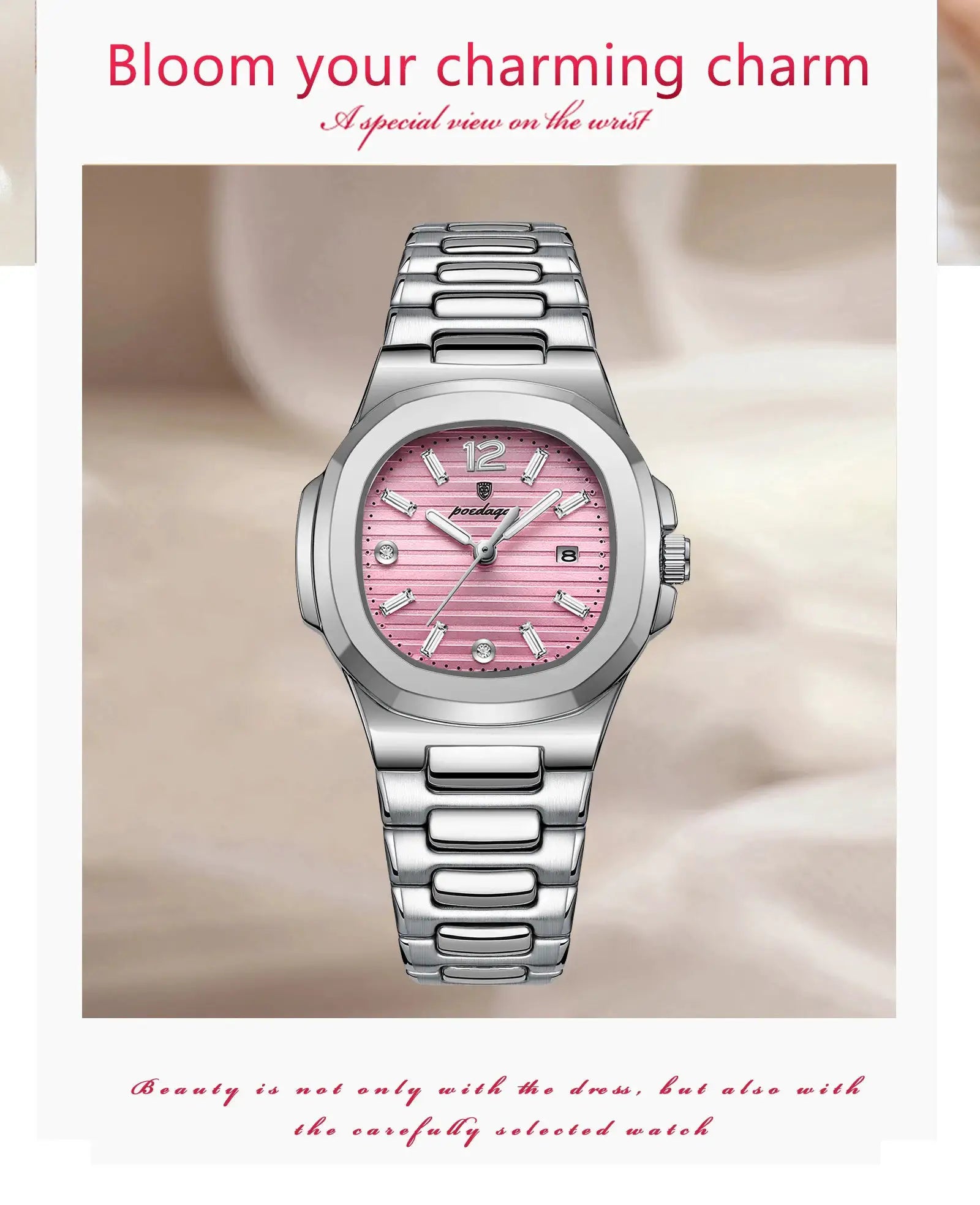 POEDAGAR square fashion women's wristwatch with pink dial, date display, stainless steel bracelet