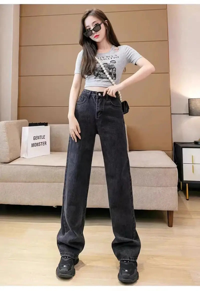 New Design Sense Womens Loose Denim Pants Retro Straight Leg Jeans