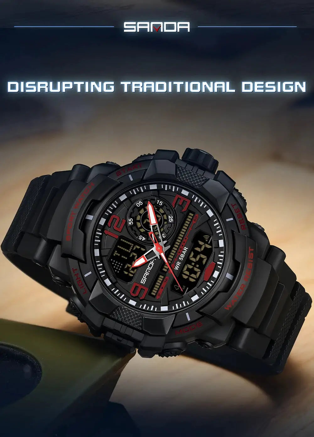 SANDA 6130 dual-display men’s sport watch, black rugged waterproof analog-digital timepiece with red accents.