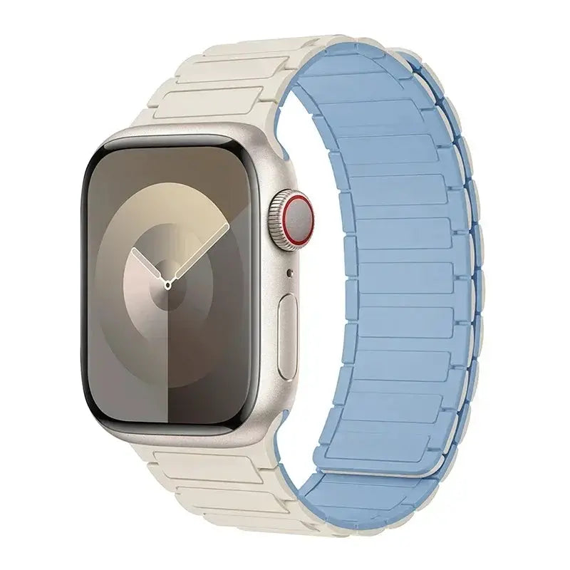 Magnetic loop silicone Apple Watch band for 38–49mm watches; beige outer with blue inner, Series 3–9 Ultra 2 compatible