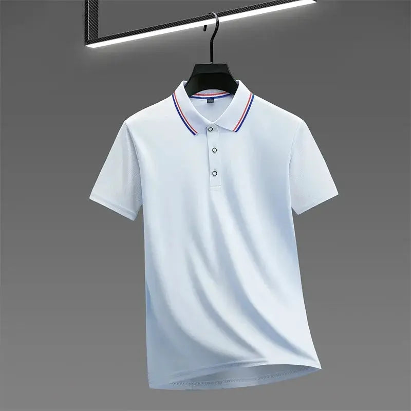 Men's short-sleeve polo shirt, white solid color with striped collar, Simples Market