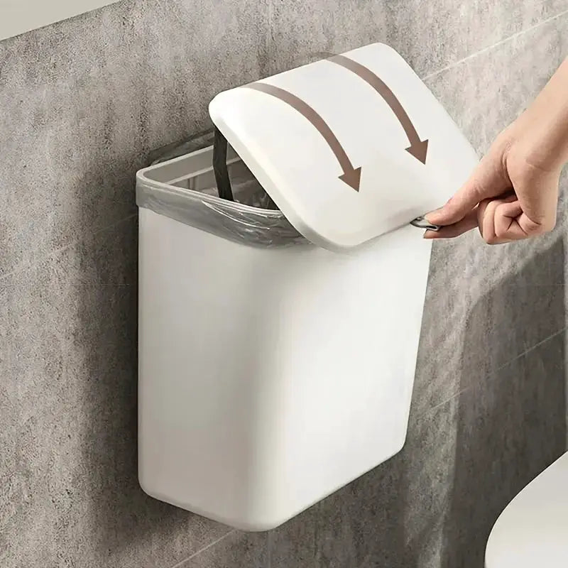 Wall-mounted white trash bin with lid for kitchen, space-saving plastic design