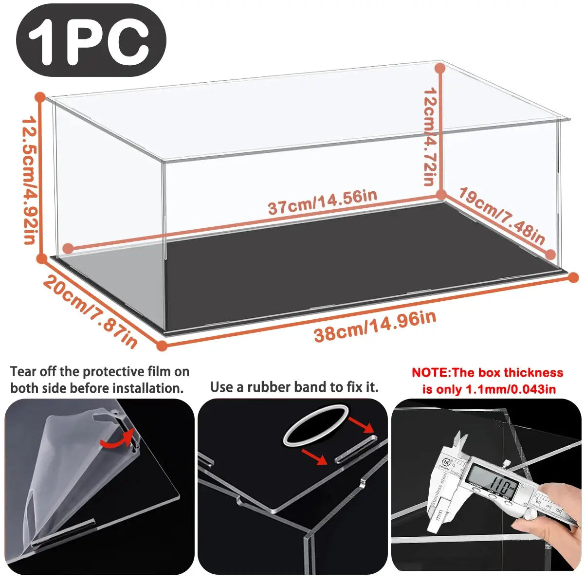 1 to 14 Scale Transparent Acrylic Display Box for Toy Cars and Small Collectibles 37x19x12 cm Inner Ring Size