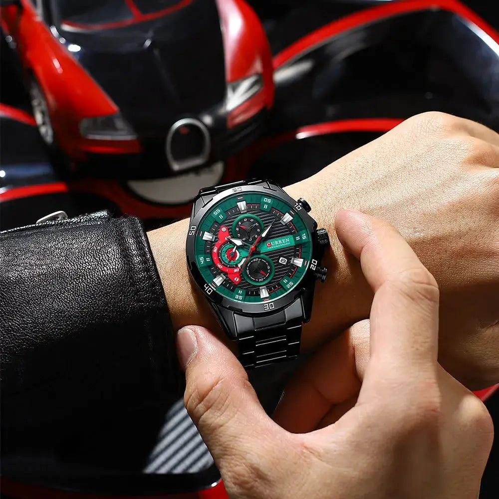 Curren 8402 men's chronograph wristwatch with green luminous dial on black stainless-steel band