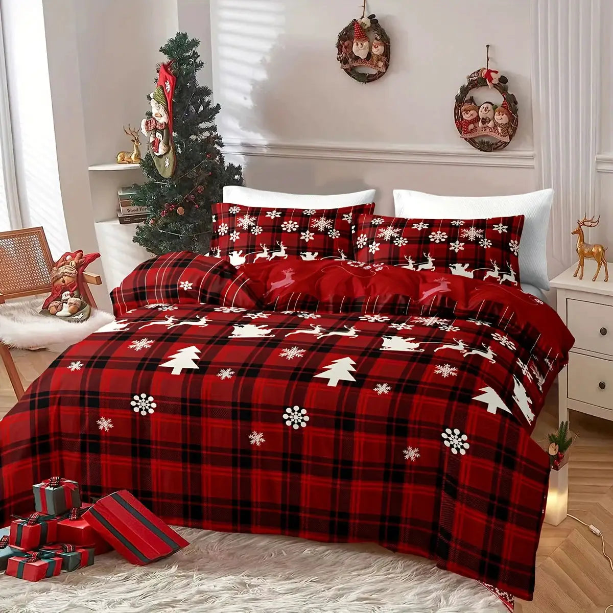 3-Piece Christmas Duvet Cover Set by Simples Market, red plaid with elk silhouettes and snowflakes, breathable fabric