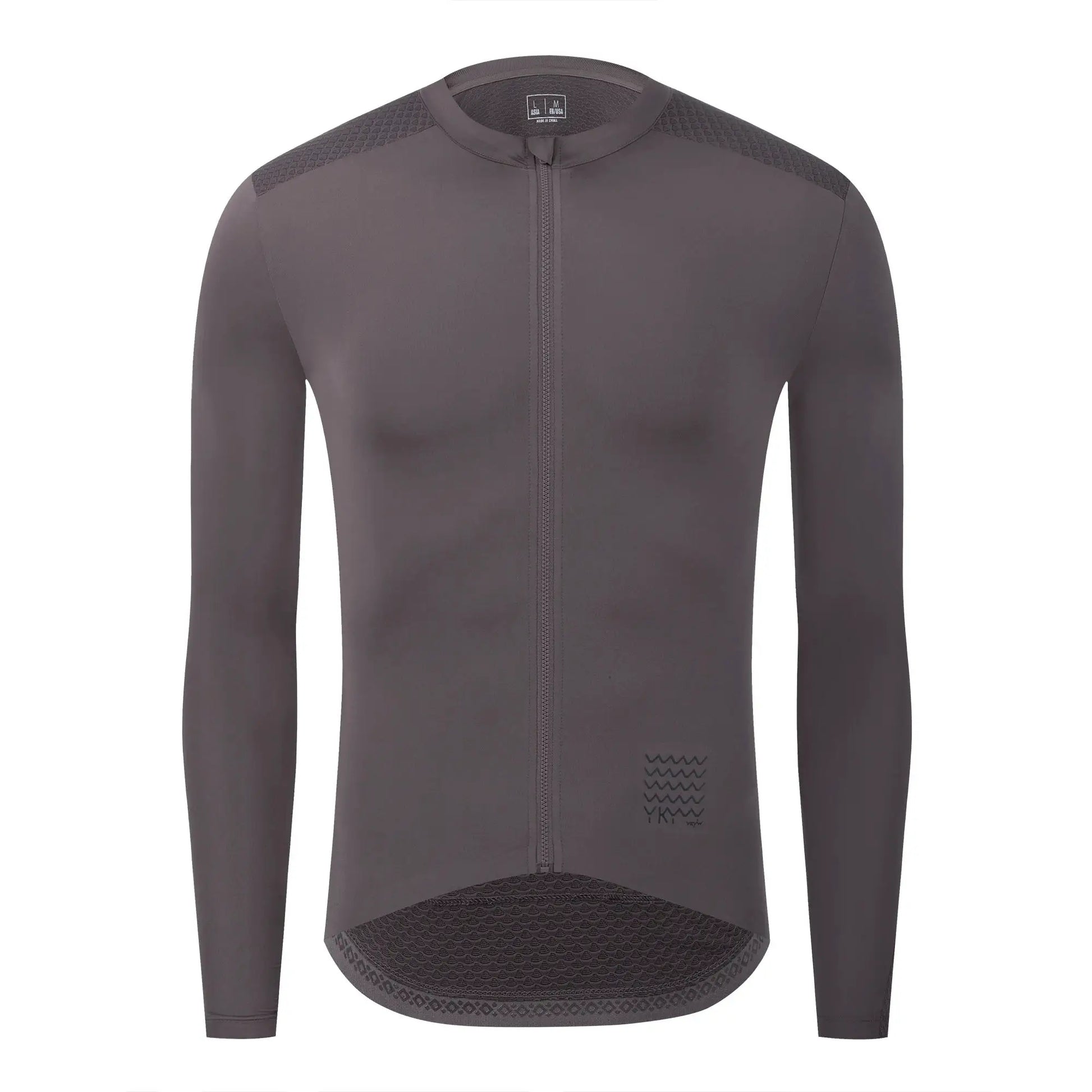 YKYWBIKE men's long-sleeve cycling jersey, grey/charcoal with textured shoulder panels and full-length zipper