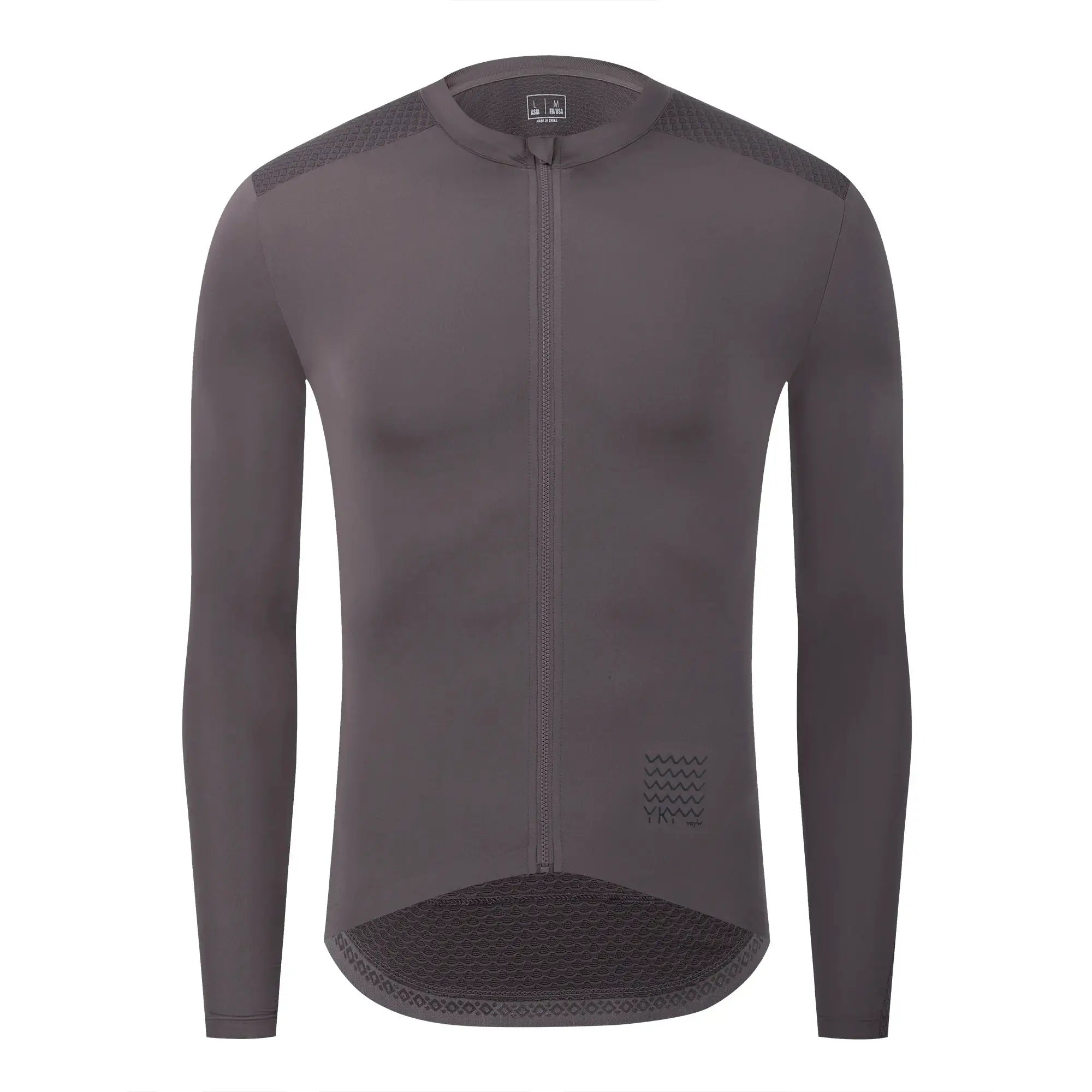 YKYWBIKE men's long-sleeve cycling jersey, grey/charcoal with textured shoulder panels and full-length zipper