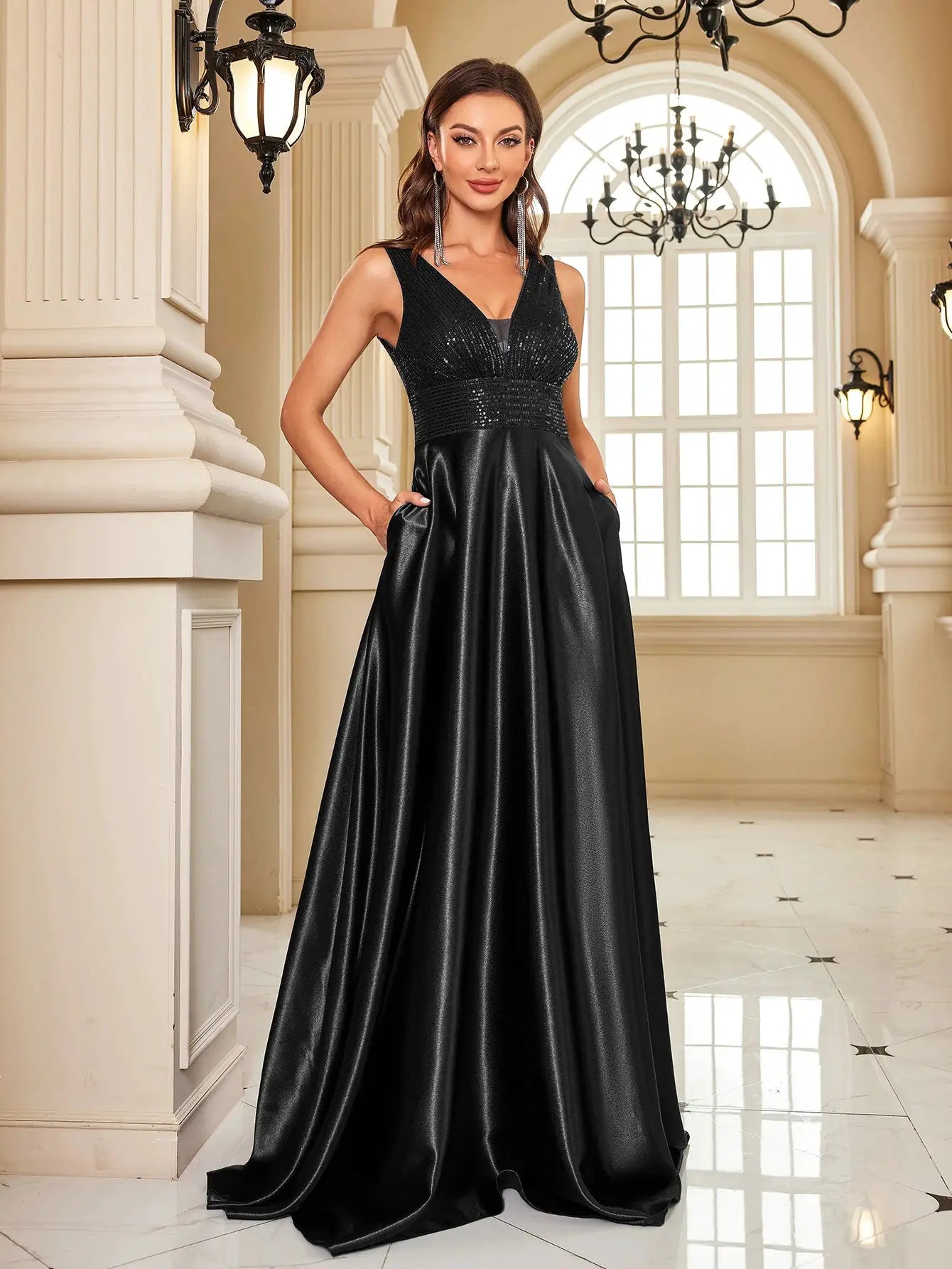 Emerald Green Sequin Evening Dress V Neck Satin Prom Floor Length