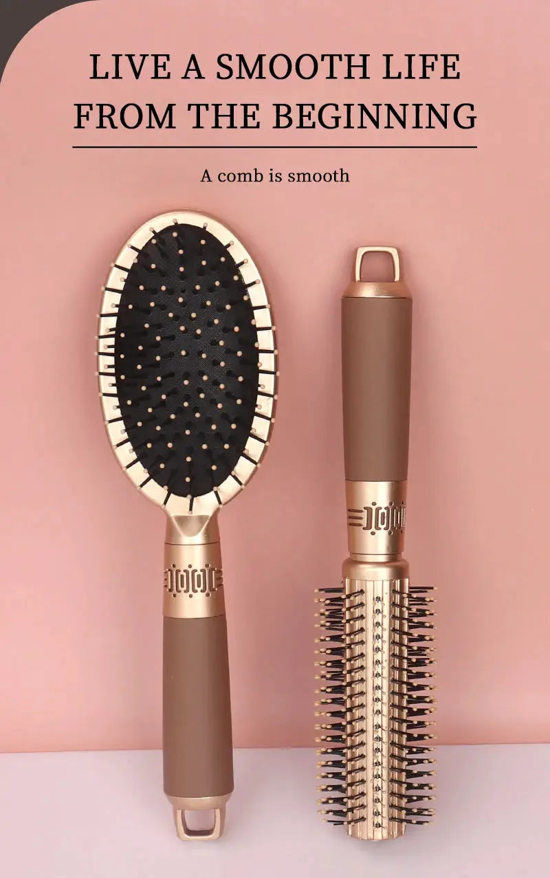 Hair detangling brush set from Simples Market: rose-gold paddle brush and round airbag detangler (2 pieces)