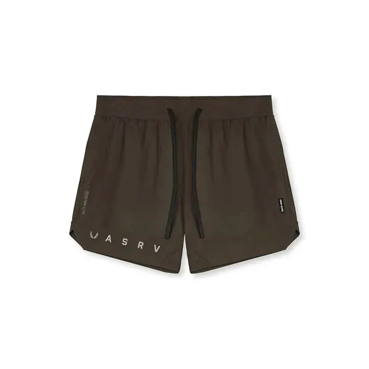 ASRV men's quick-dry basketball shorts in brown with black drawstrings and ASRV logo on the leg