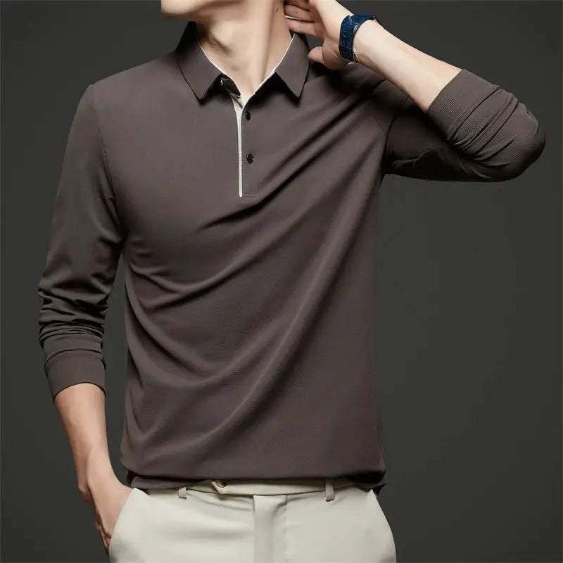 Men's long-sleeve polo shirt in taupe-brown, solid knit fabric, business casual versatile top