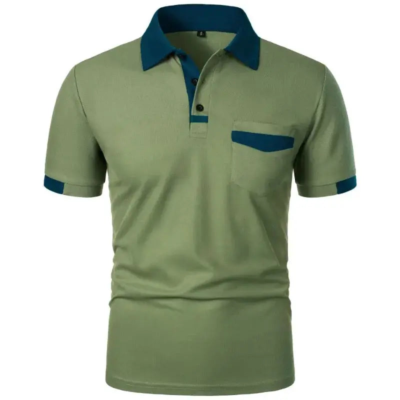 Men's short sleeve polo shirt with pocket, olive green with teal collar and pocket trim, breathable lightweight