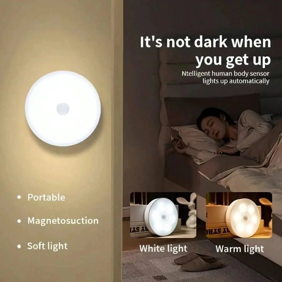 LED night light with motion sensor; portable wireless bedside lamp with soft white and warm light options (two color options shown)