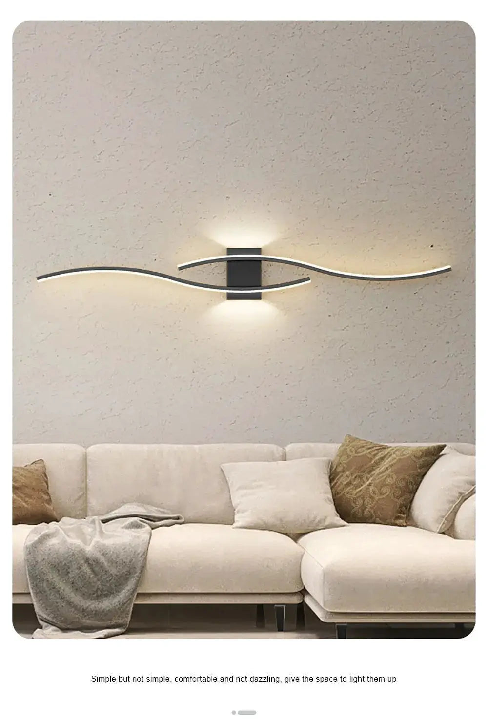 Moder LED wall lamp by Simples Market; black mounting plate with twin curved white LED strips for living room decor