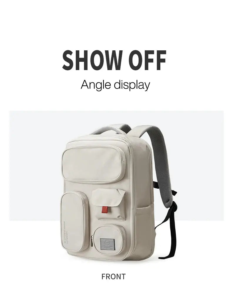 Mixi outdoor backpack in beige, 18-inch travel rucksack with multiple front pockets and padded shoulder straps.
