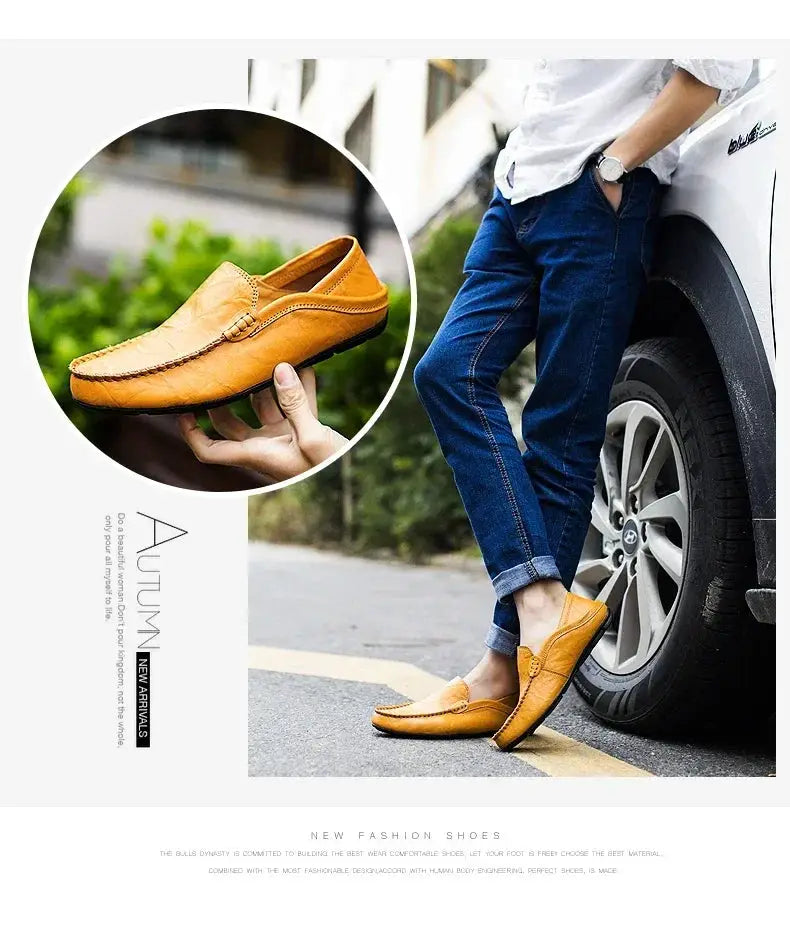 Men's tan genuine leather loafers, slip-on moccasins for casual wear, two-view presentation (sizes 37-47)