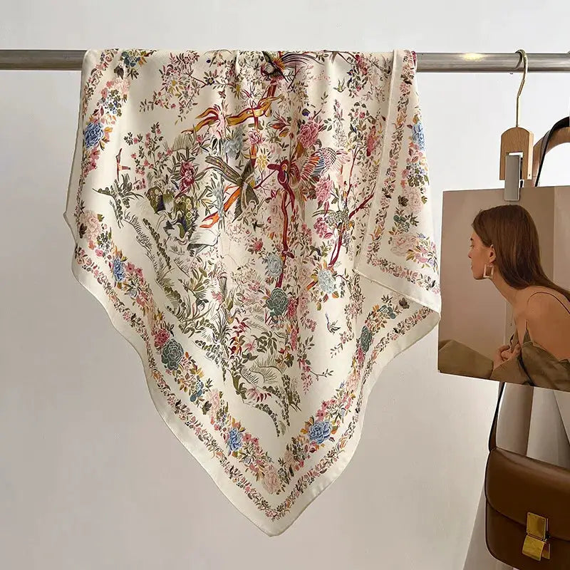 EcoWeave 70cm Floral Print Square Scarf For Women Lightweight Hemp Headwear All Season