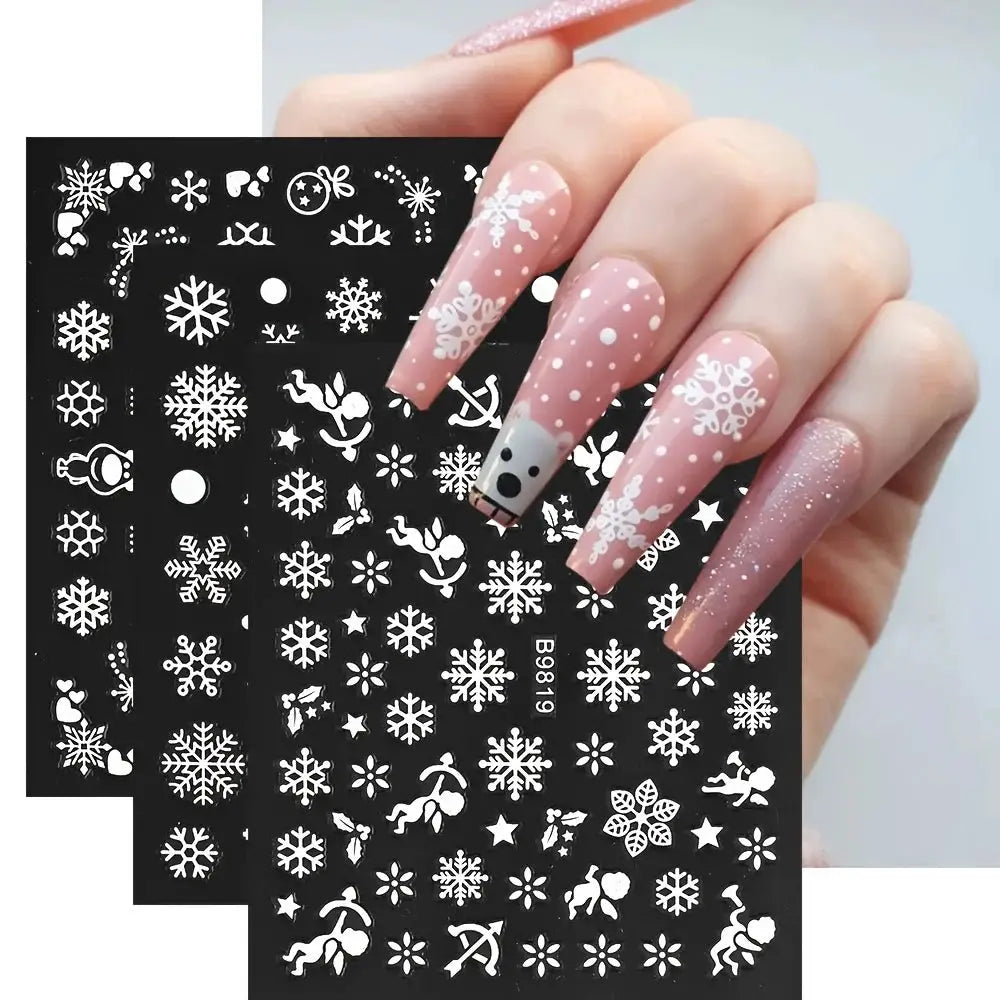 Nail art sticker sheets by Simples Market, 30pcs Christmas 3D decals with white snowflakes and snowmen