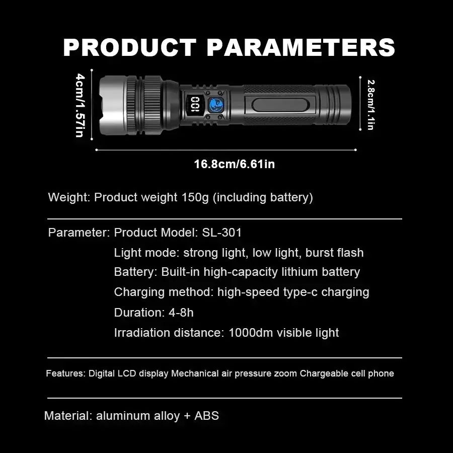 Simples Market 100000LM rechargeable LED flashlight, waterproof long-range outdoor tactical torch for camping