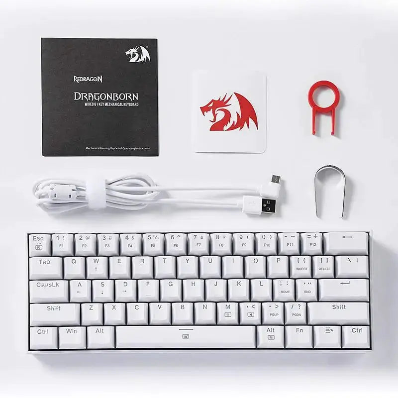 Redragon Dragonborn 61-key white 60% mechanical keyboard with vibrant RGB LED, USB wired