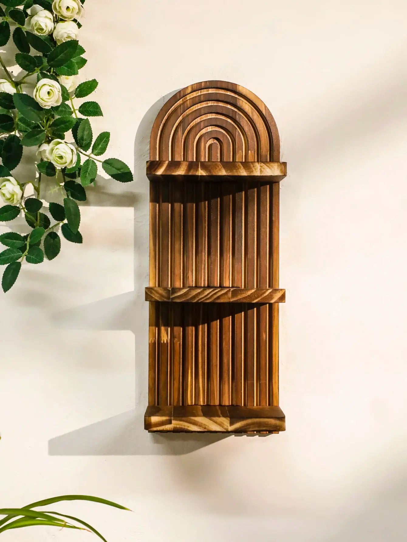 Simples Market 1pc Boho wooden wall shelf with arch-geometric design, natural wood finish