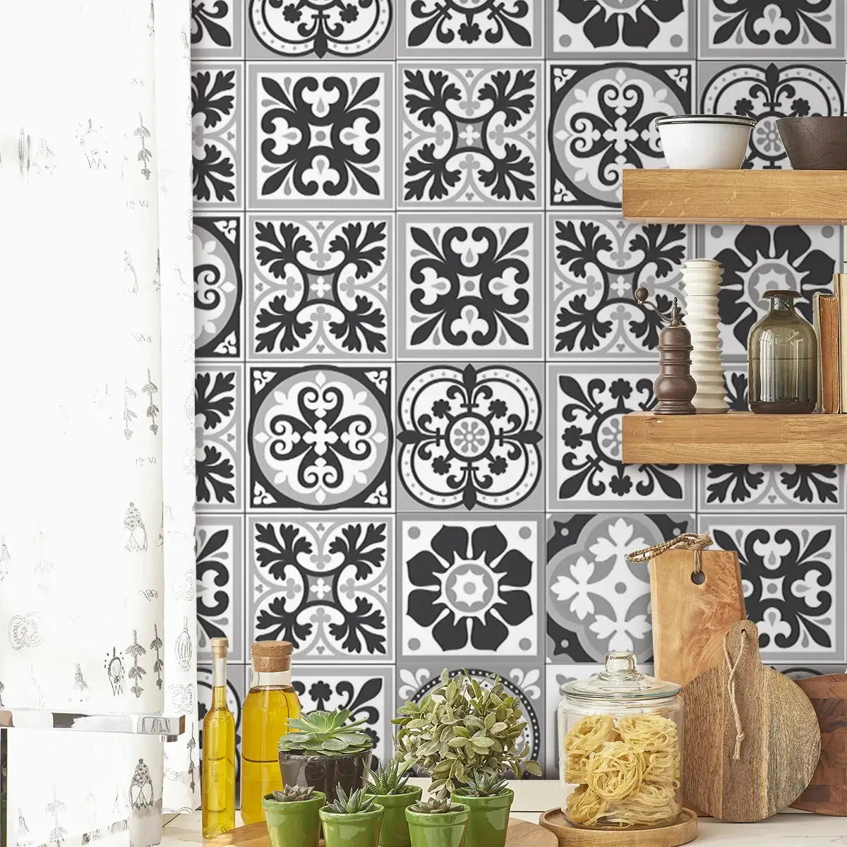 PVC kitchen backsplash stickers; Mediterranean style, black and gray tile pattern; removable and moisture-proof.